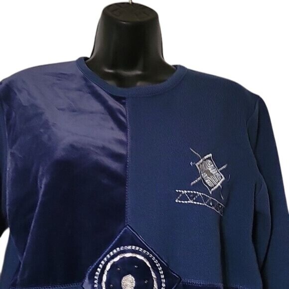 Bobbie Brooks Womens Embellished Patchwork Velvet Long Sleeve Tunic Top Blue CH - Picture 3 of 5